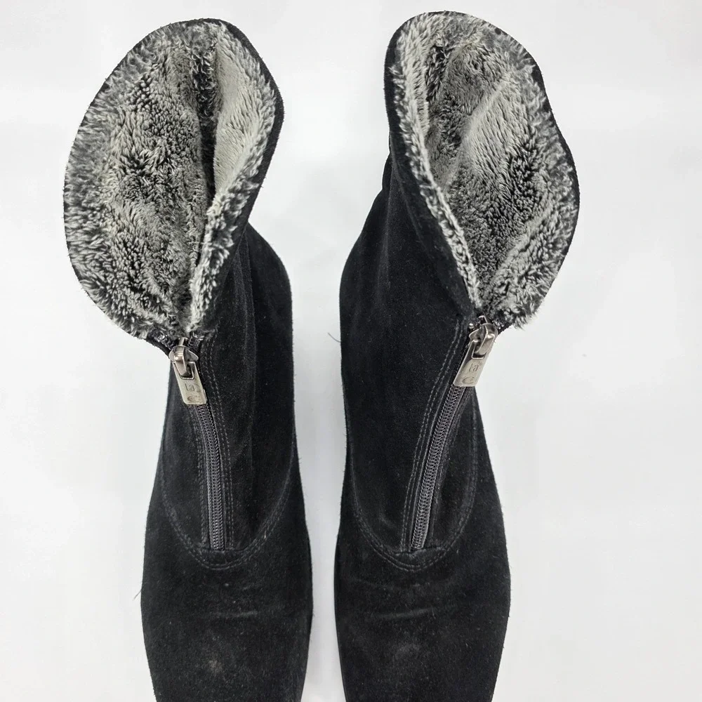 La Canadienne Waterproof Suede Ankle Boots Evitta 9.5 M Black Faux Fur Lined Zip